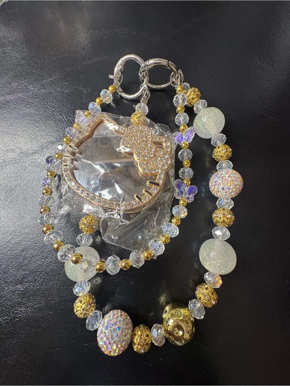 Crystal & Gold Hello Kitty Inspired Beaded Lanyard Keychain